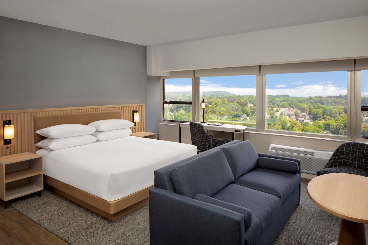 Habitación de hotel con una cama grande, un sofá, un escritorio y vistas a una zona boscosa.