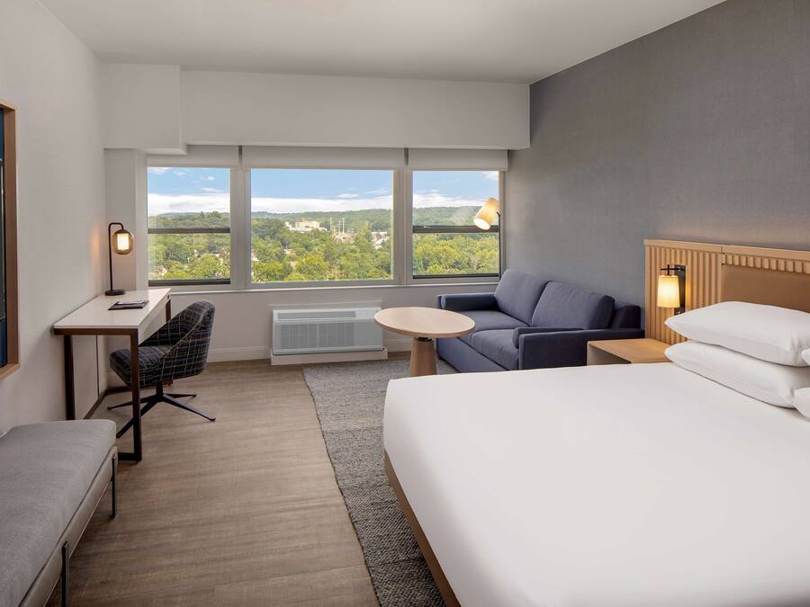 A hotel room with a bed, a desk, a chair, a small table, and a sofa. There are large windows with a view of greenery and buildings.