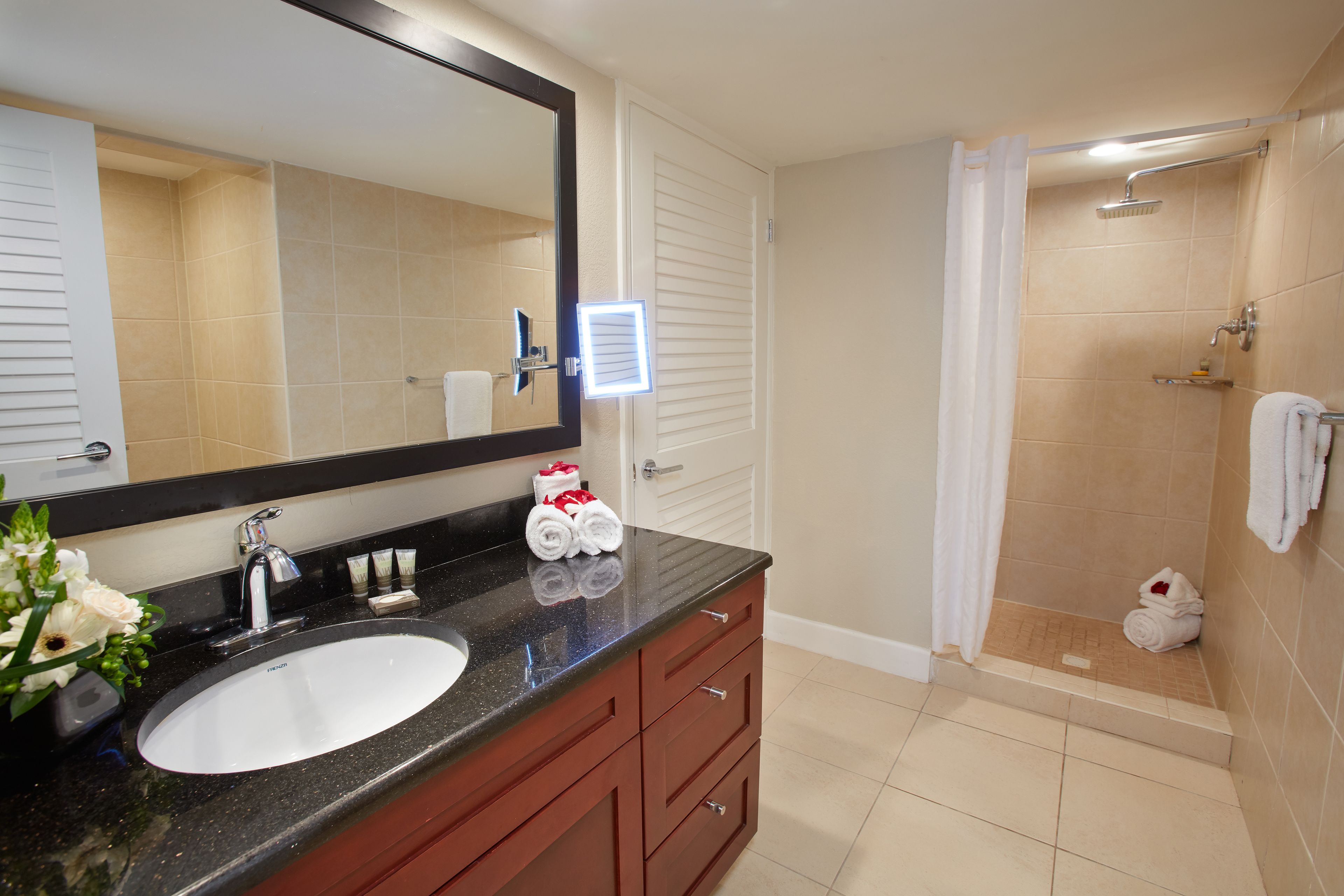 Une salle de bain avec un lavabo, un miroir et une douche.