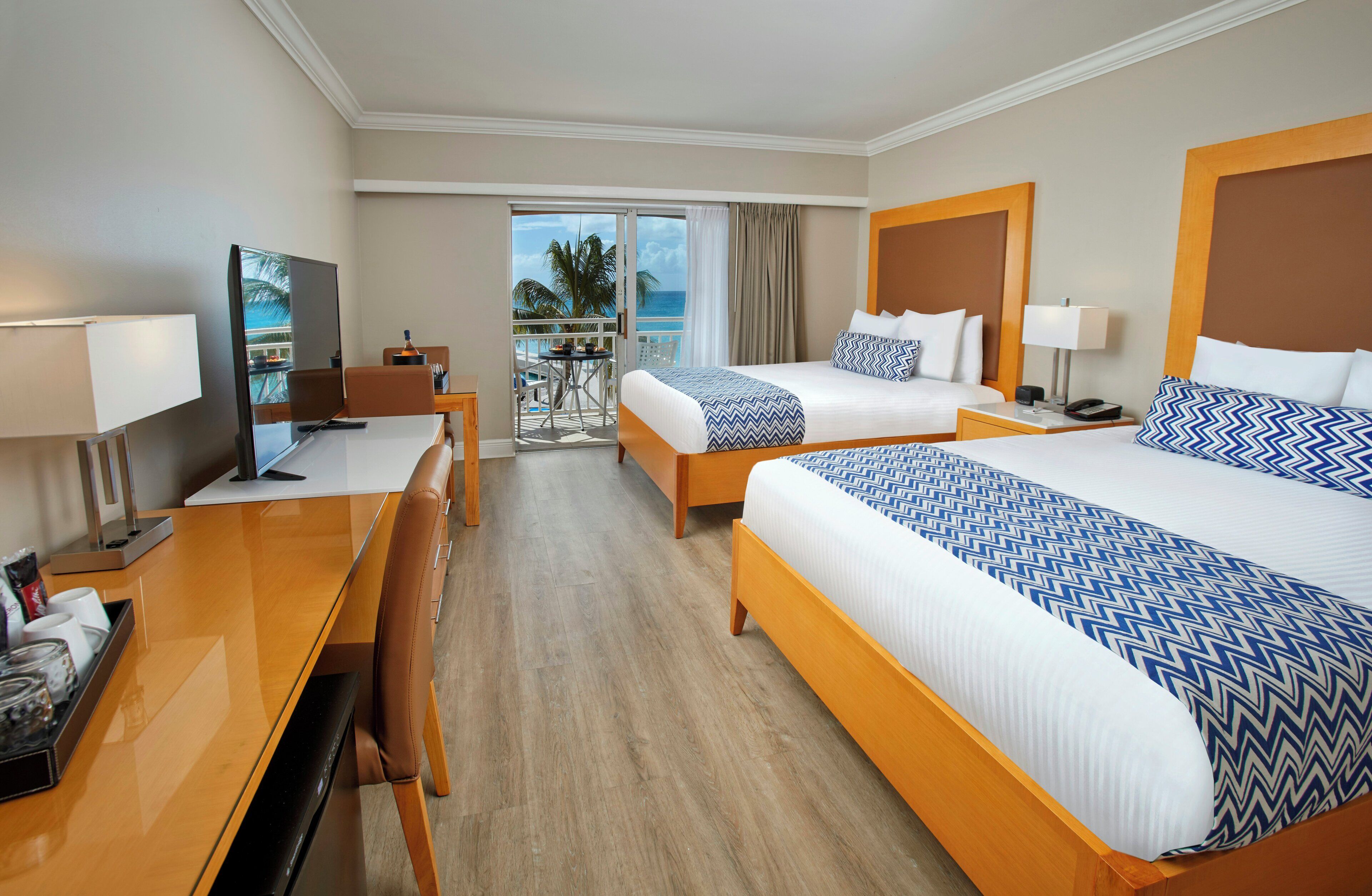 Double Room, 2 Double Beds, Beachside | Pillow-top beds, in-room safe, desk, blackout curtains