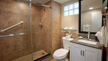 A modern bathroom with a glass shower enclosure, a white toilet, and a vanity with a mirror.