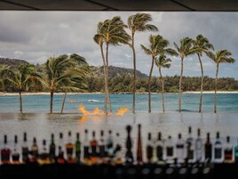 A bar with bottles in the foreground and palm trees and a beach in the background.