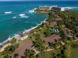 An aerial view of a coastal resort with a beachfront, palm trees, and a hotel complex.