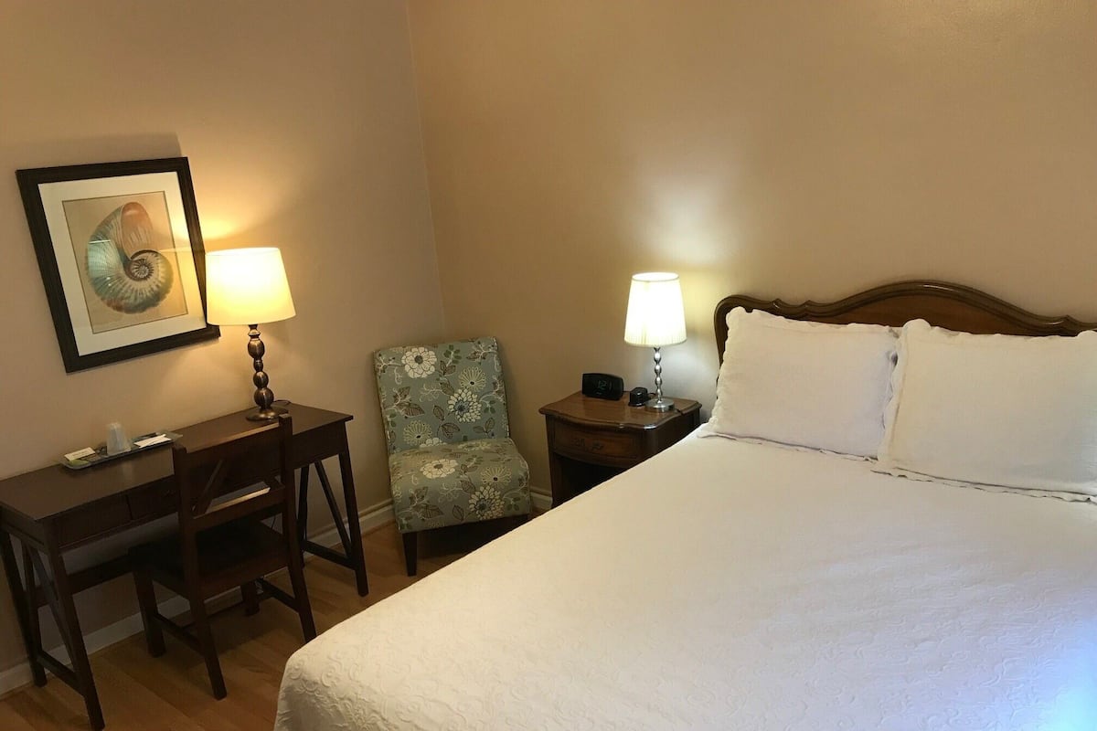 Una habitación de hotel con cama, escritorio, silla, dos mesitas de noche con lámparas, y un cuadro en la pared.