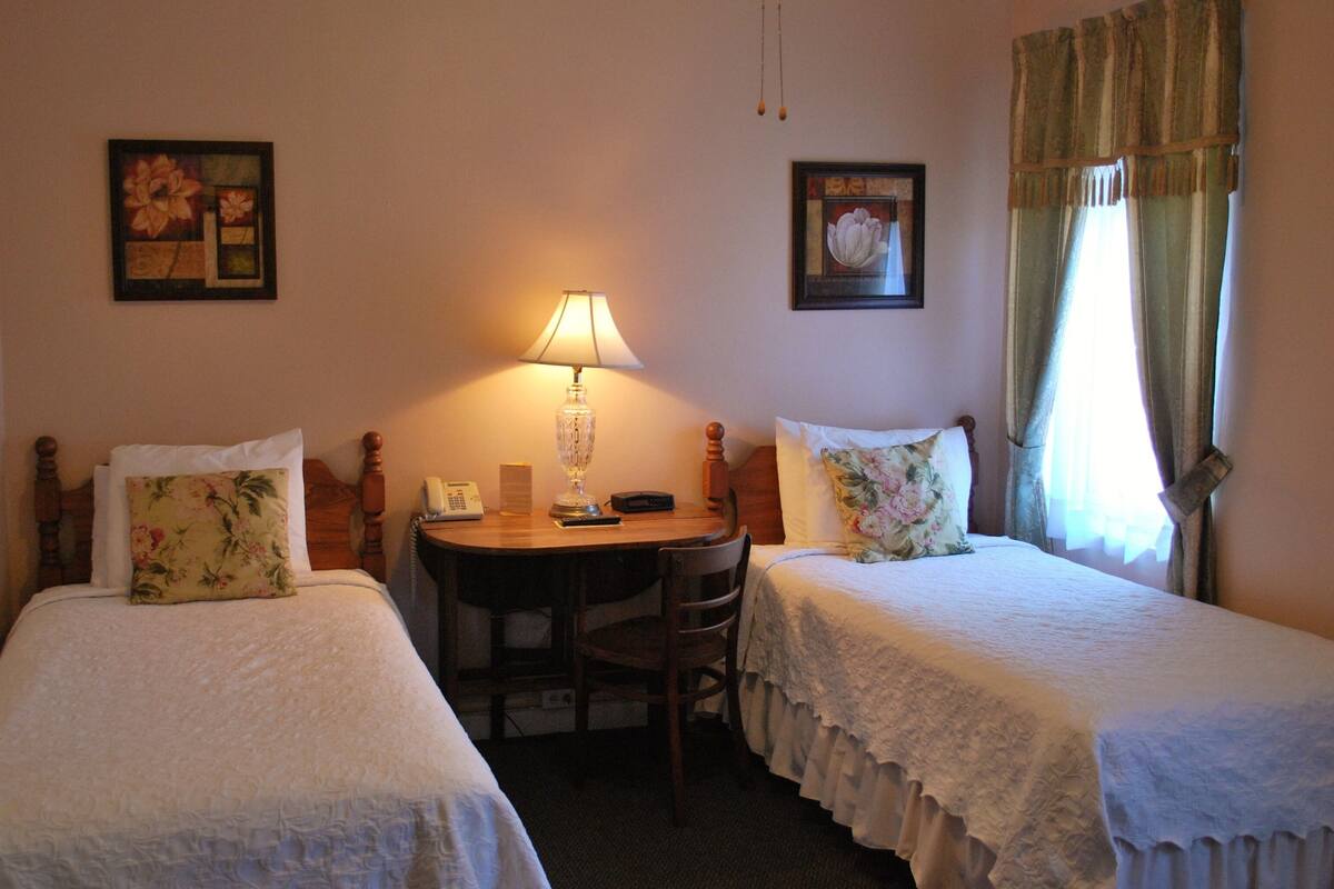 Habitación de hotel con dos camas individuales, una mesita de noche con lámpara, una silla y una ventana con cortinas.
