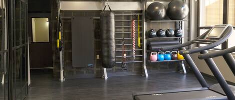 A gym with a treadmill, punching bag, and various exercise balls.