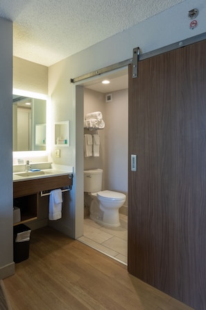 A modern bathroom with a wooden vanity, a mirror, a toilet, and a shower area. - Holiday Inn Express New Orleans Downtown by IHG (New Orleans)