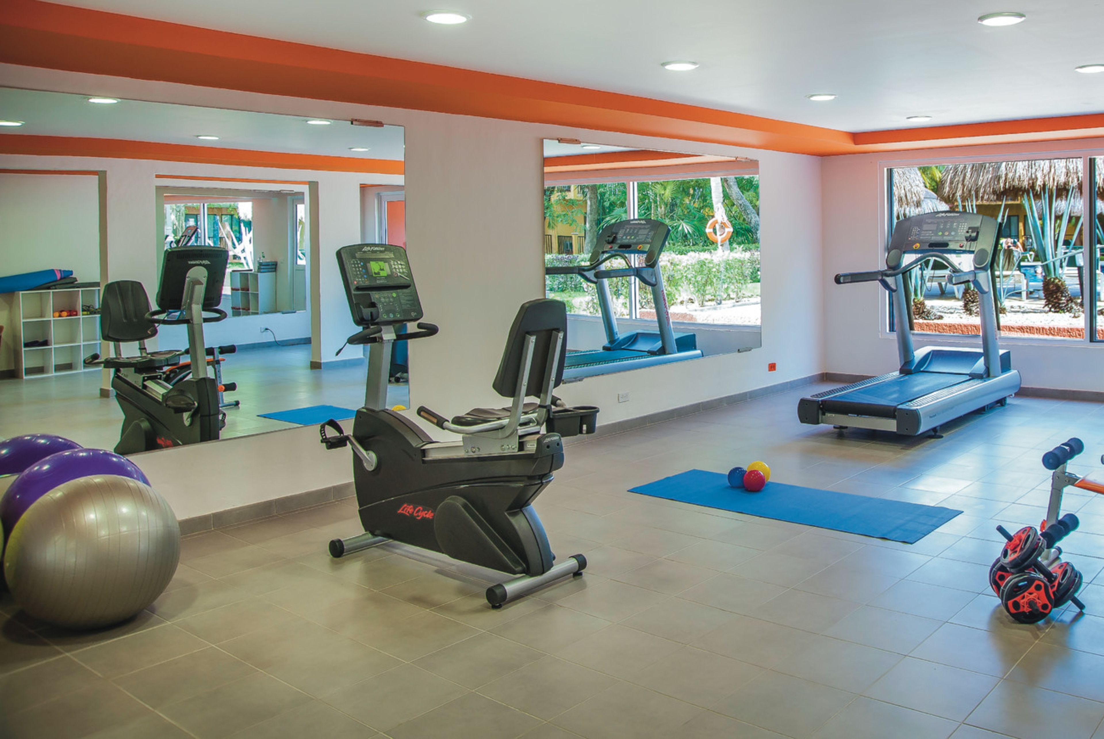 A gym with cardio machines, weights, and exercise balls.