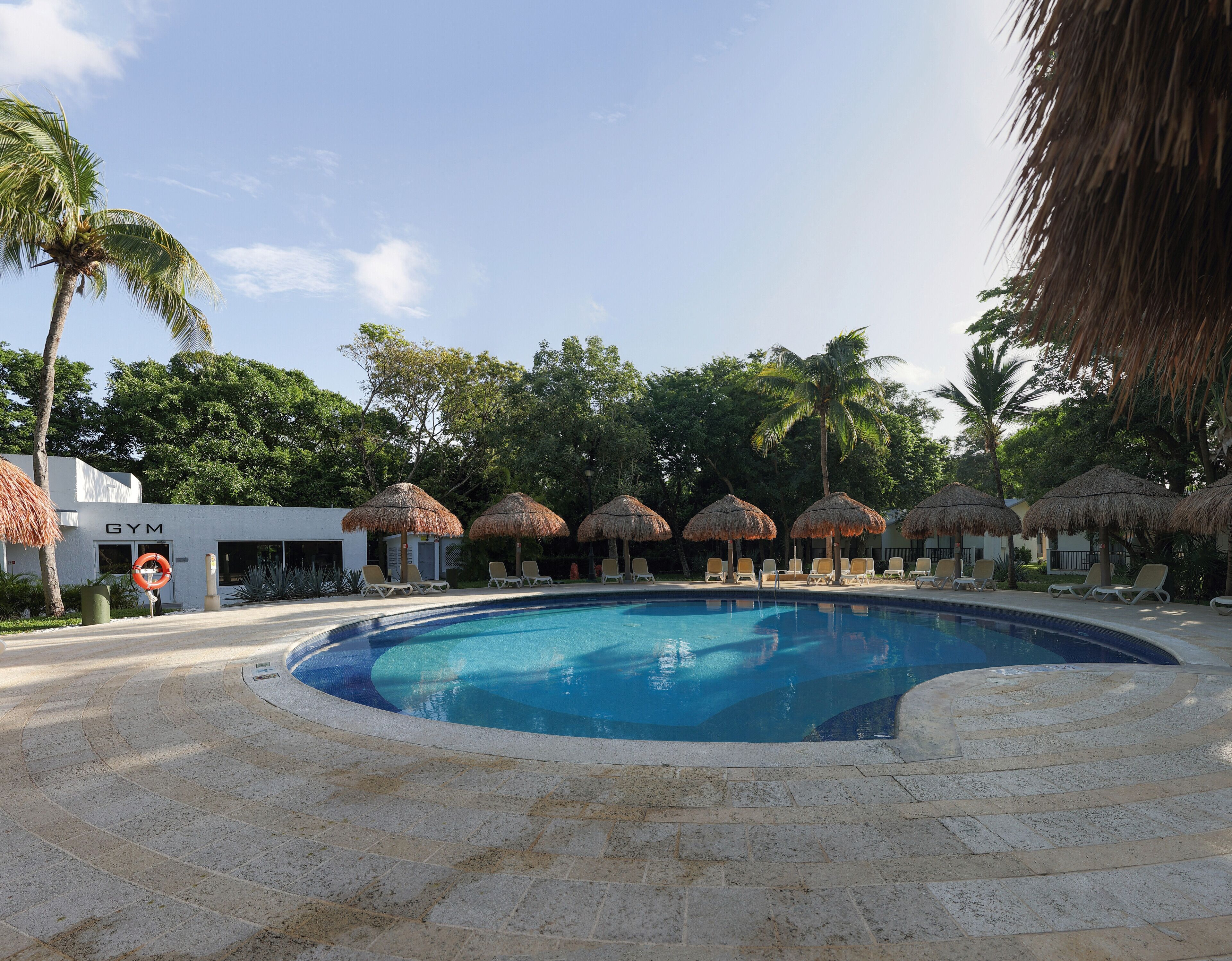 Piscina con sillas de descanso y sombrillas de paja, rodeada de palmeras y un gimnasio.