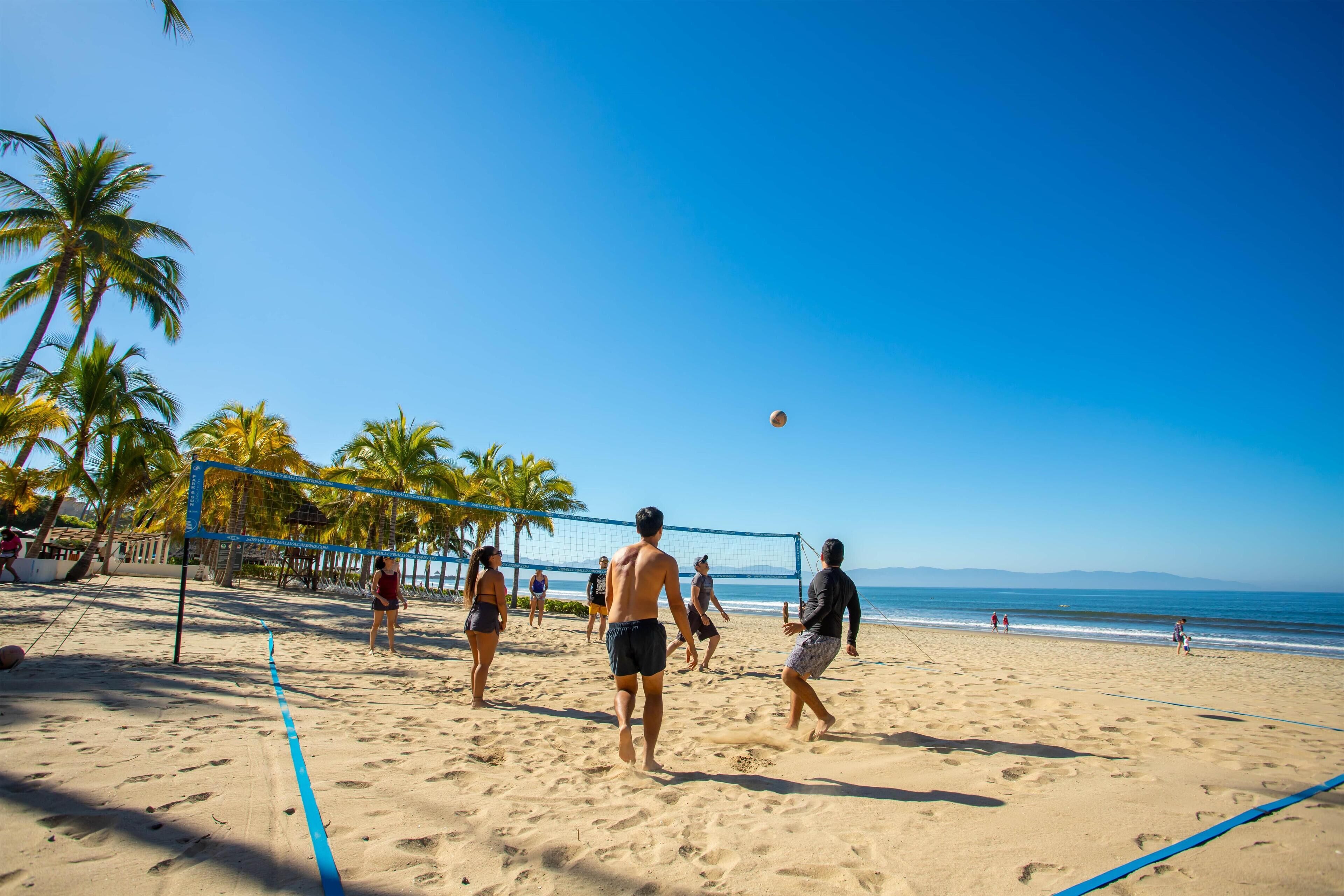 Partit de vòlei platja a una platja sorrenca, amb palmeres i cel blau i clar.