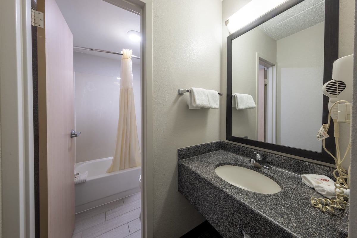 combined shower/bathtub, free toiletries, hair dryer, towels