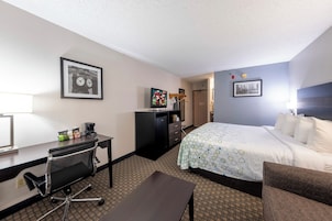 Una habitación de hotel con cama, escritorio, silla y televisor.