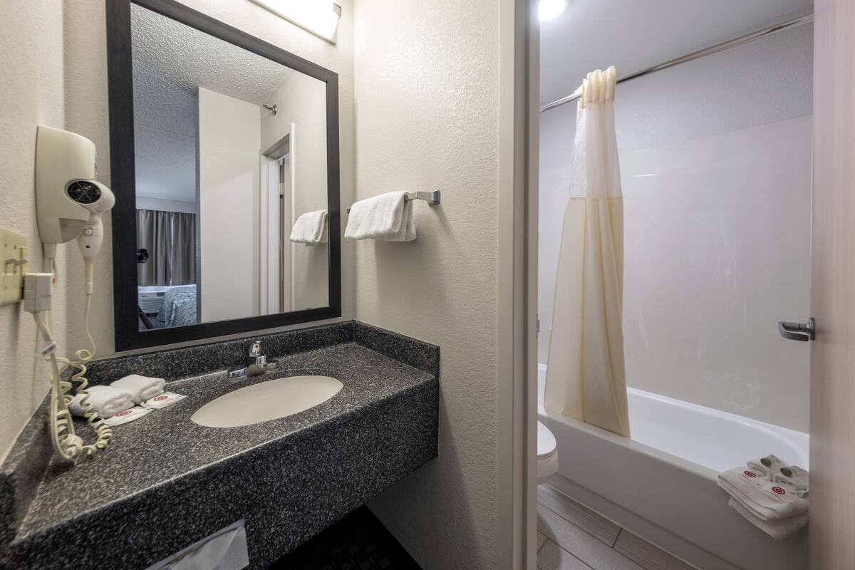 combined shower/bathtub, free toiletries, hair dryer, towels