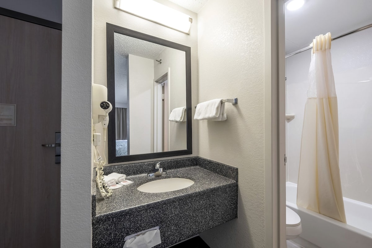 combined shower/bathtub, free toiletries, hair dryer, towels