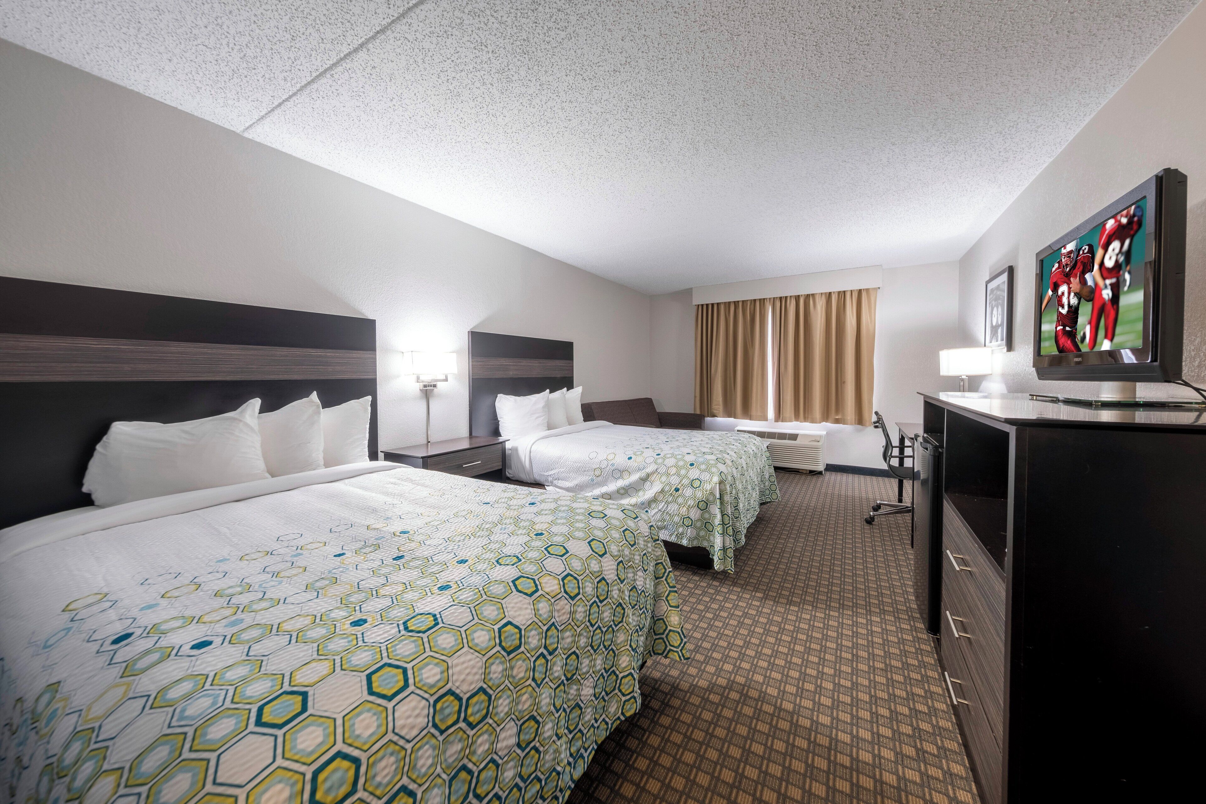 desk, laptop workspace, blackout curtains, iron/ironing board