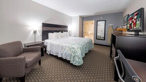 Een hotelkamer met een bed, een stoel, een bureau, een televisie en een spiegel.
