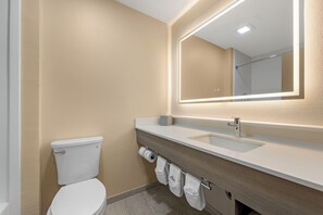 Une salle de bain moderne avec des toilettes, un lavabo et un miroir.