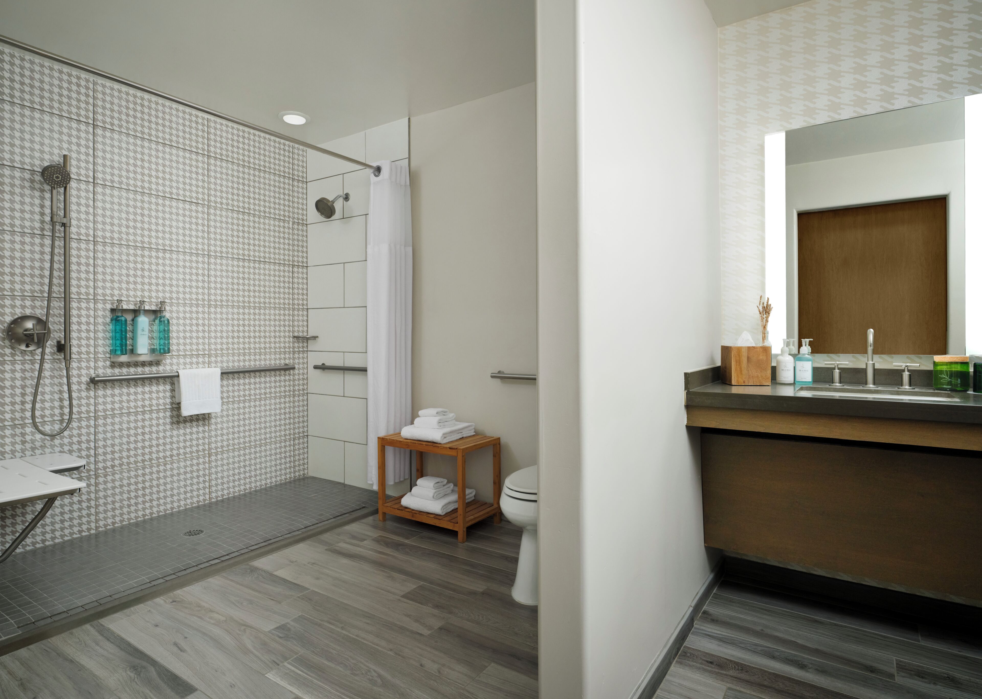 Designer toiletries, hair dryer, bathrobes, towels