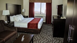 A hotel room with a bed, a desk, a TV, a sofa, and an air conditioning unit.