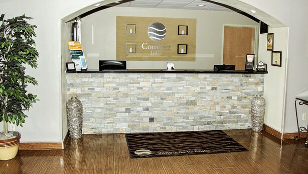 A reception area with a stone wall, a reception desk, a potted plant, and a welcome mat. - Comfort Inn & Suites Fruita - Grand Junction (Fruita)