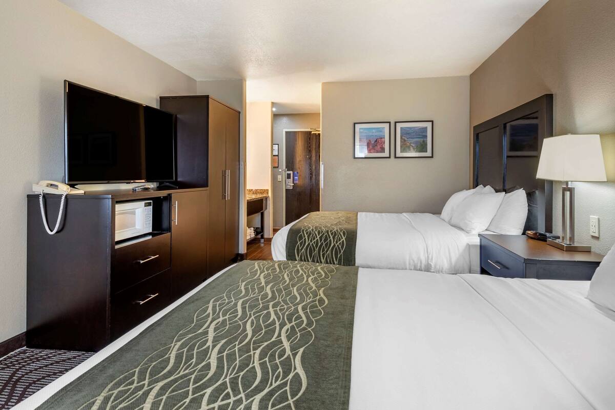 A hotel room with two beds, a television, a desk with a lamp, and a minibar.