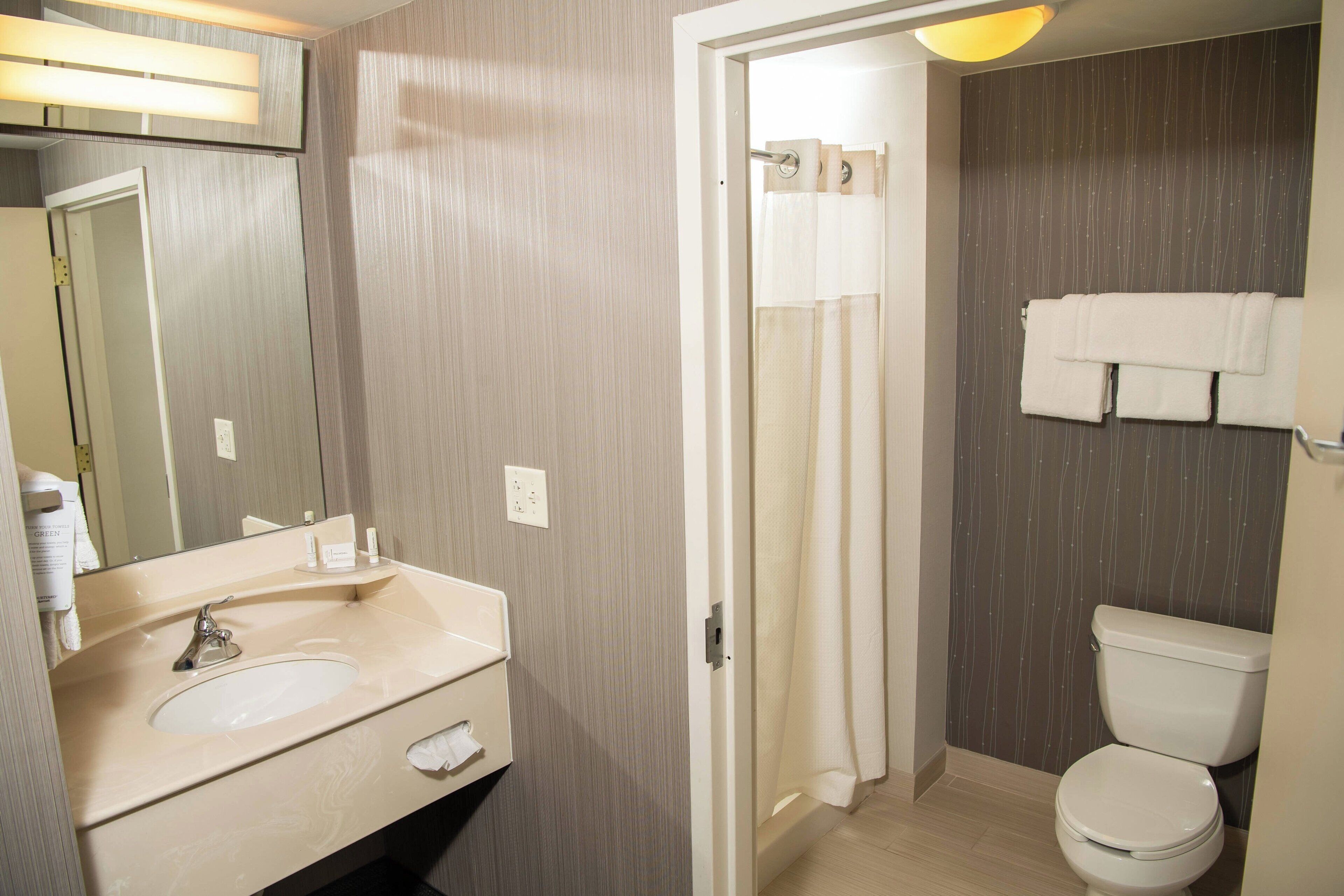 hair dryer, towels, soap, shampoo