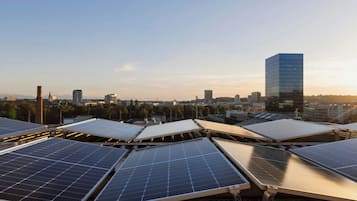 Solarmodule auf einem Dach mit Stadtansicht im Hintergrund.