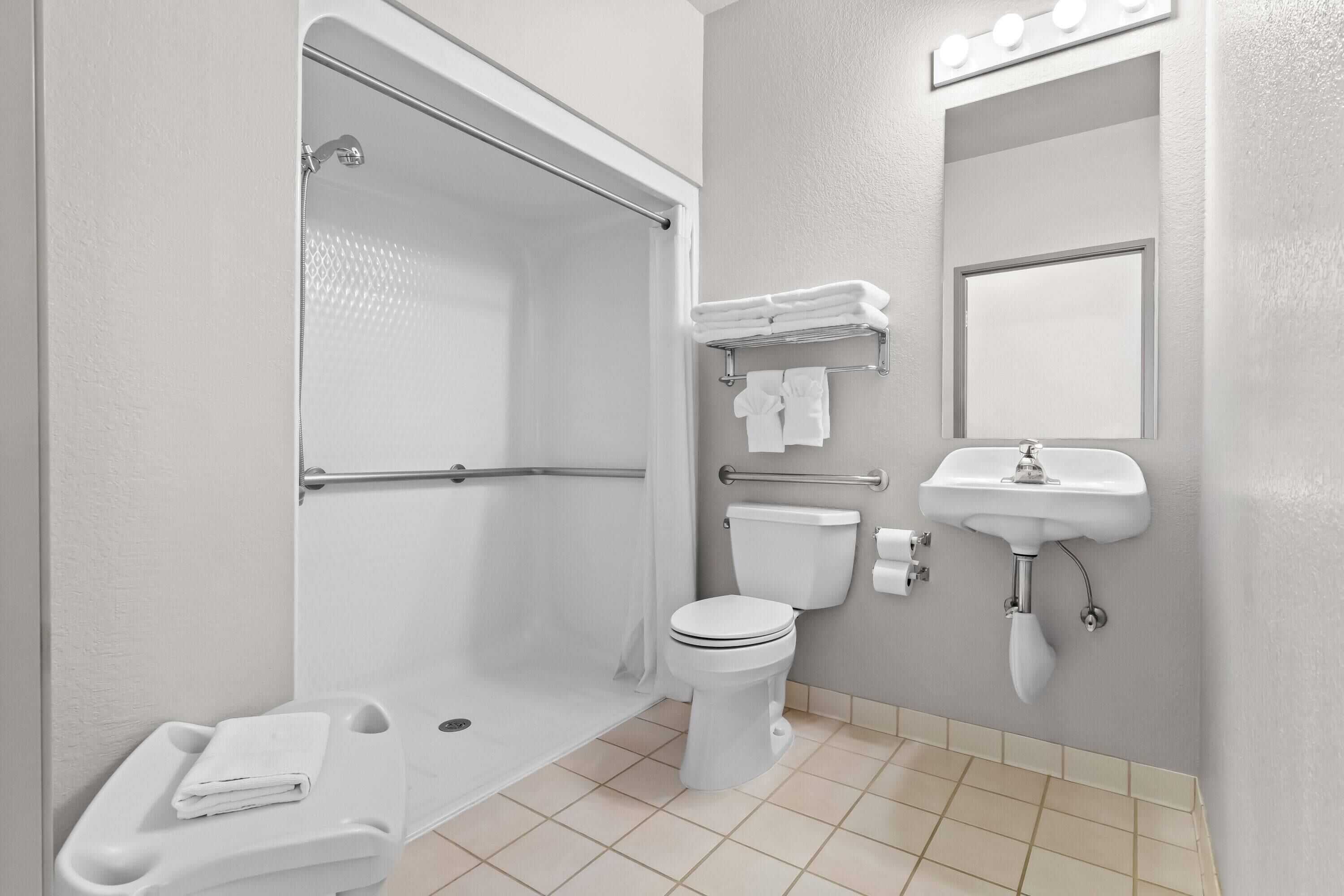 A modern bathroom with a walk-in shower, toilet, and sink.