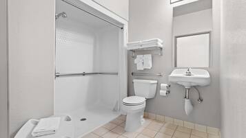 A modern bathroom with a walk-in shower, toilet, and sink.