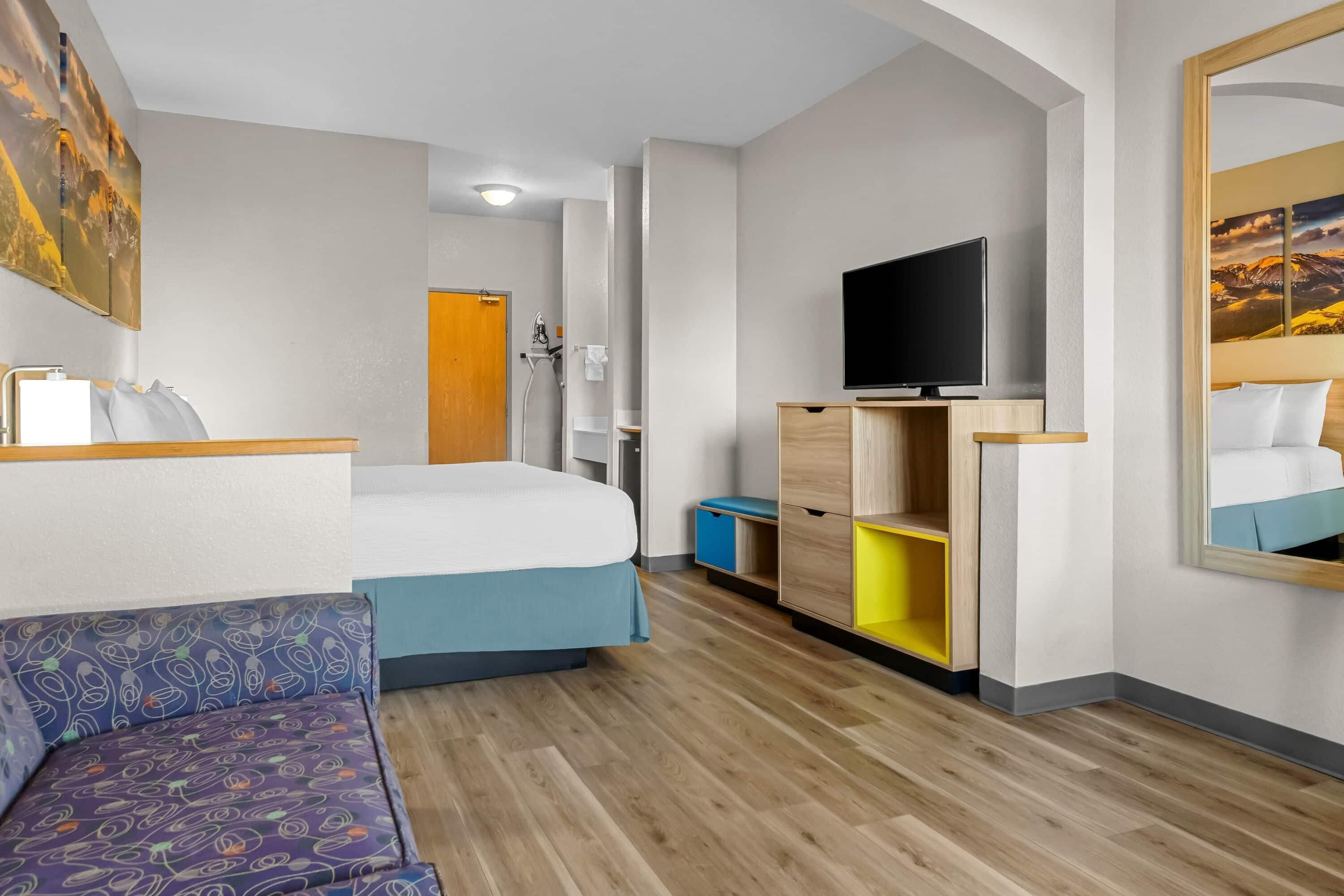 A hotel room with a bed, a TV, a sofa, and a bathroom with a shower.