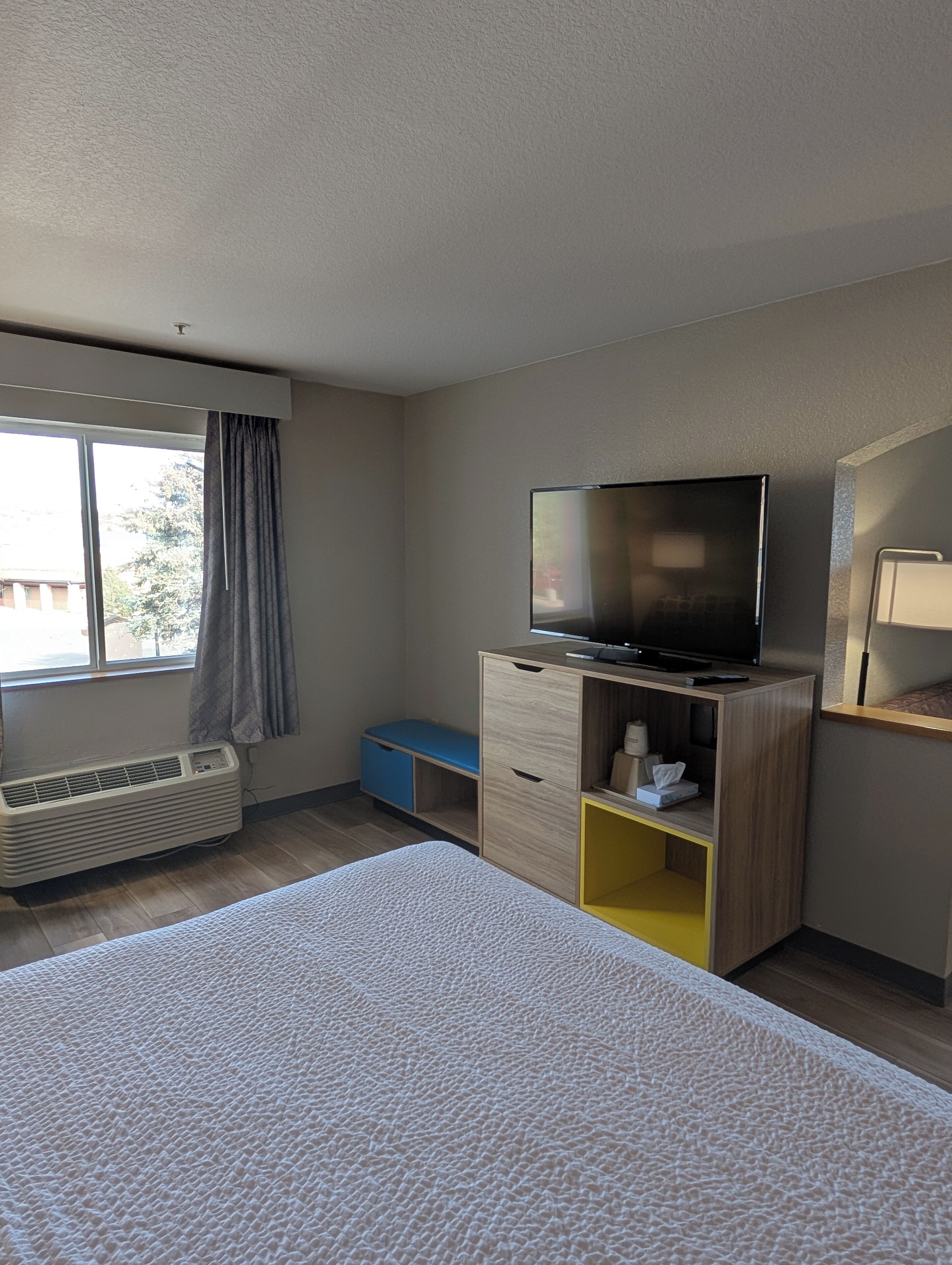 A hotel room with a bed, a TV on a wooden cabinet, a window with curtains, and a heater.