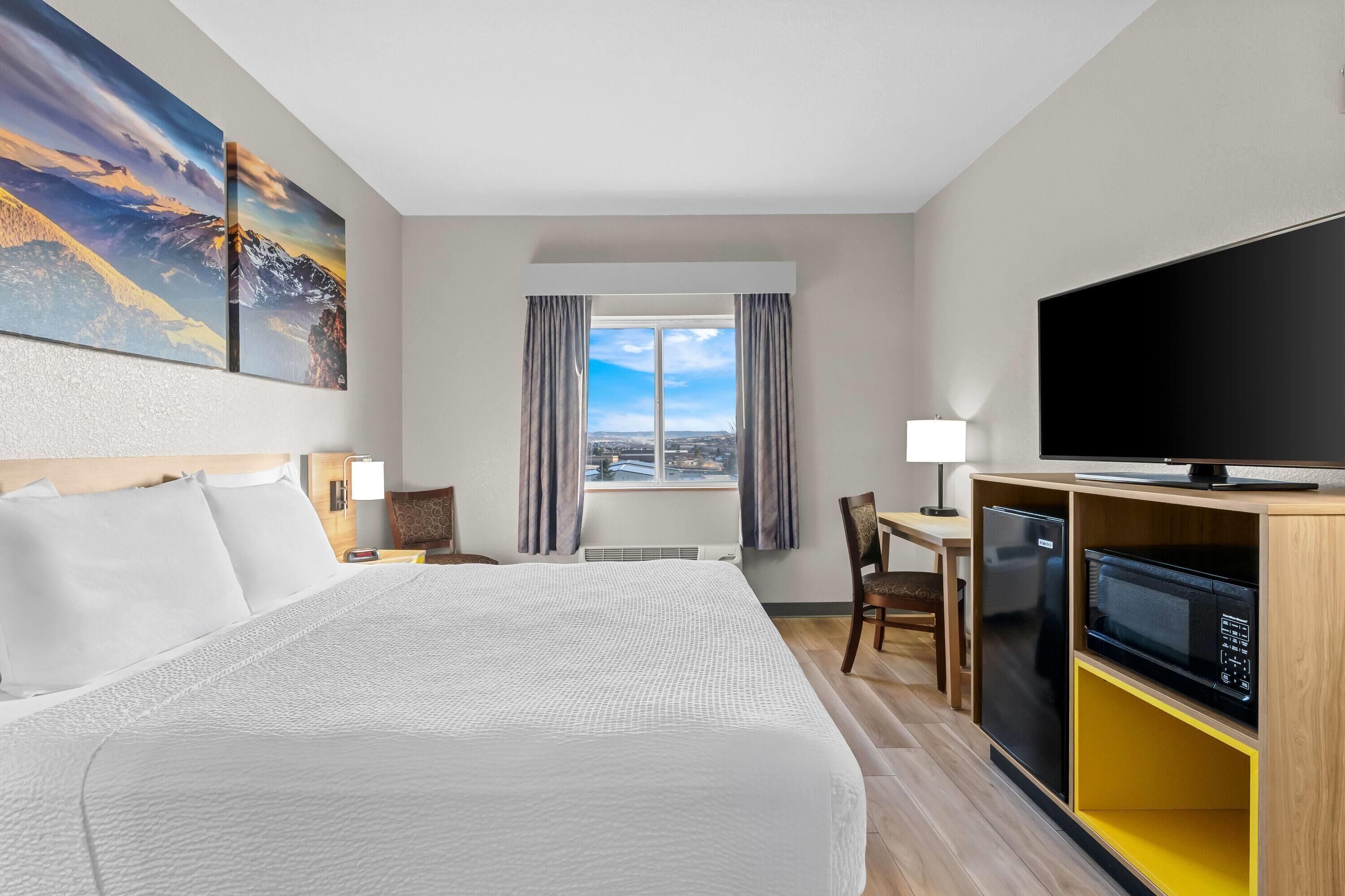 Habitación de hotel con una cama grande, un televisor de pantalla plana, un microondas y vistas a la ciudad desde la ventana.