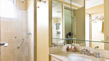 Shower, eco-friendly toiletries, hair dryer, bathrobes