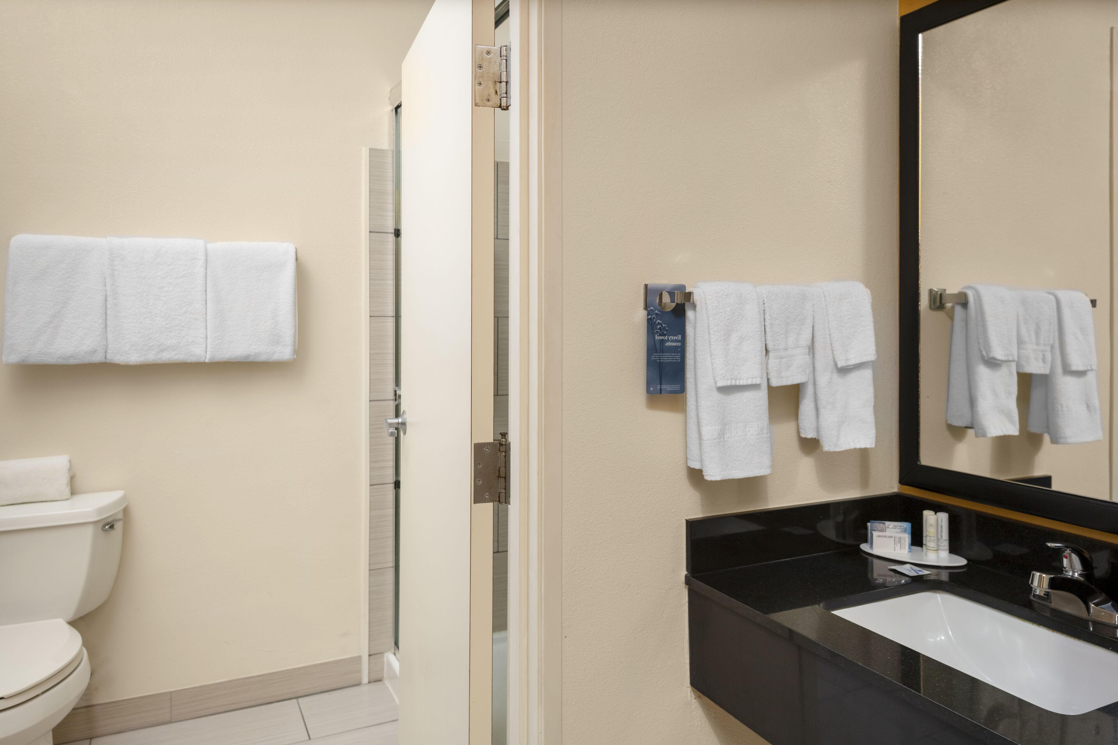 free toiletries, hair dryer, towels