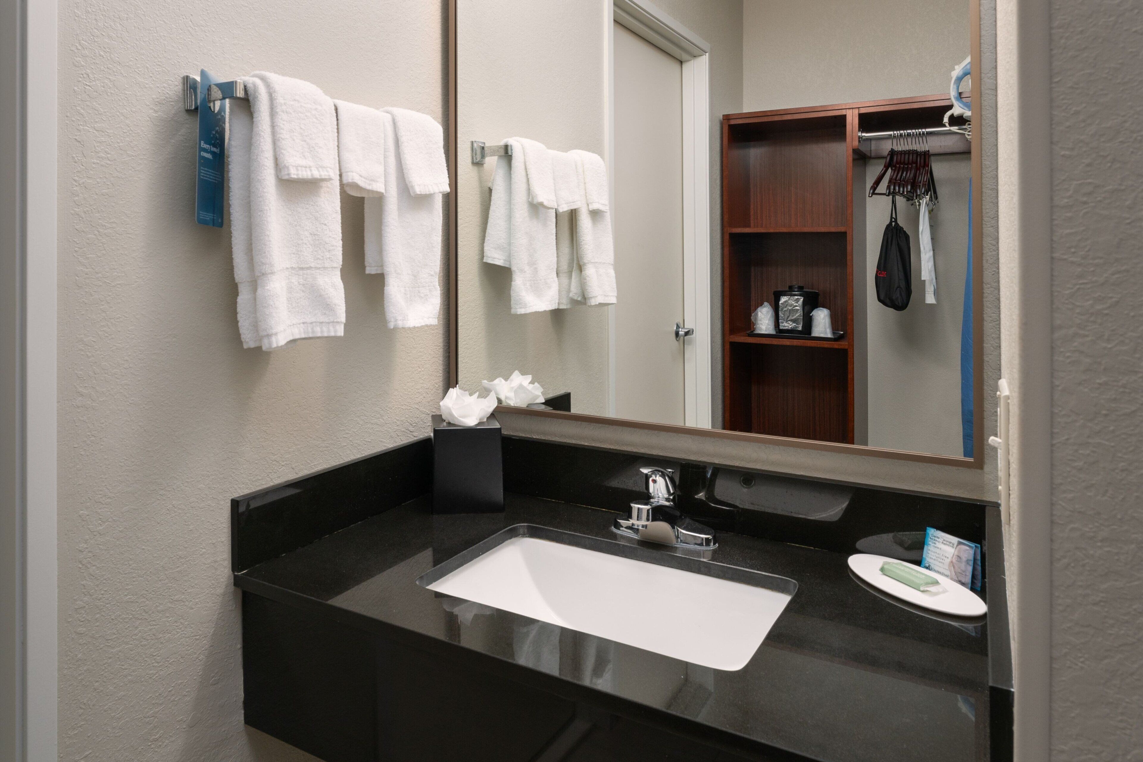 free toiletries, hair dryer, towels