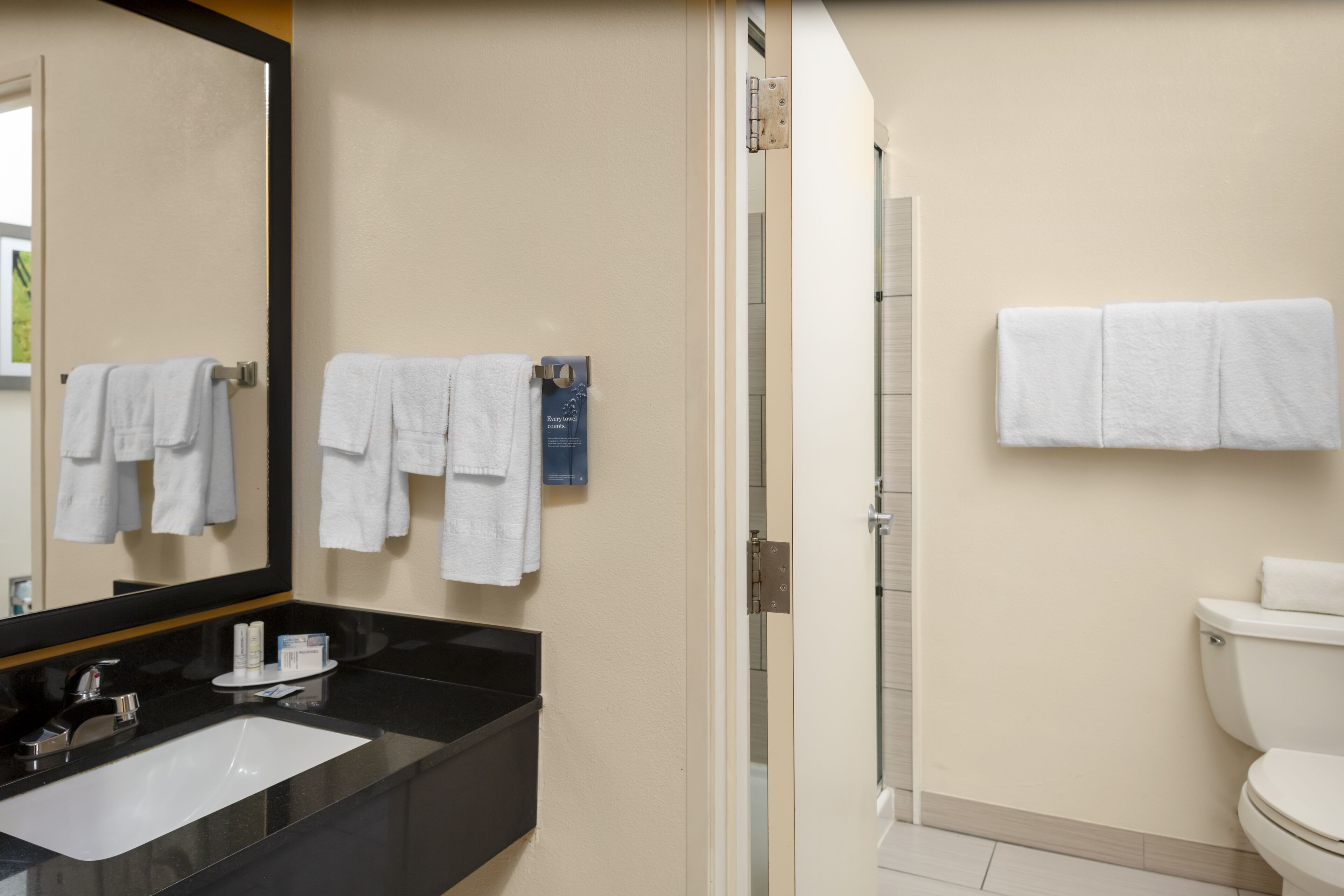 free toiletries, hair dryer, towels