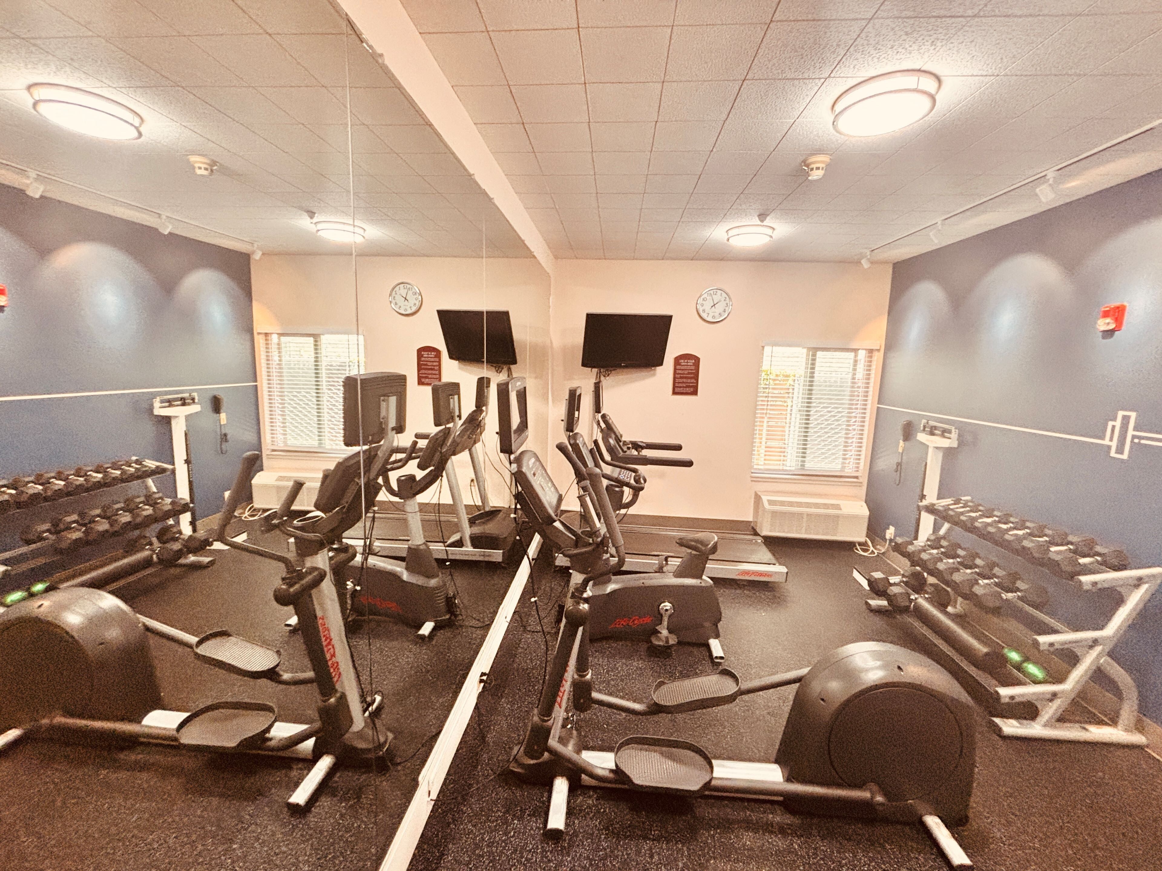 A gym with various exercise equipment, including treadmills and weight machines, arranged in rows.