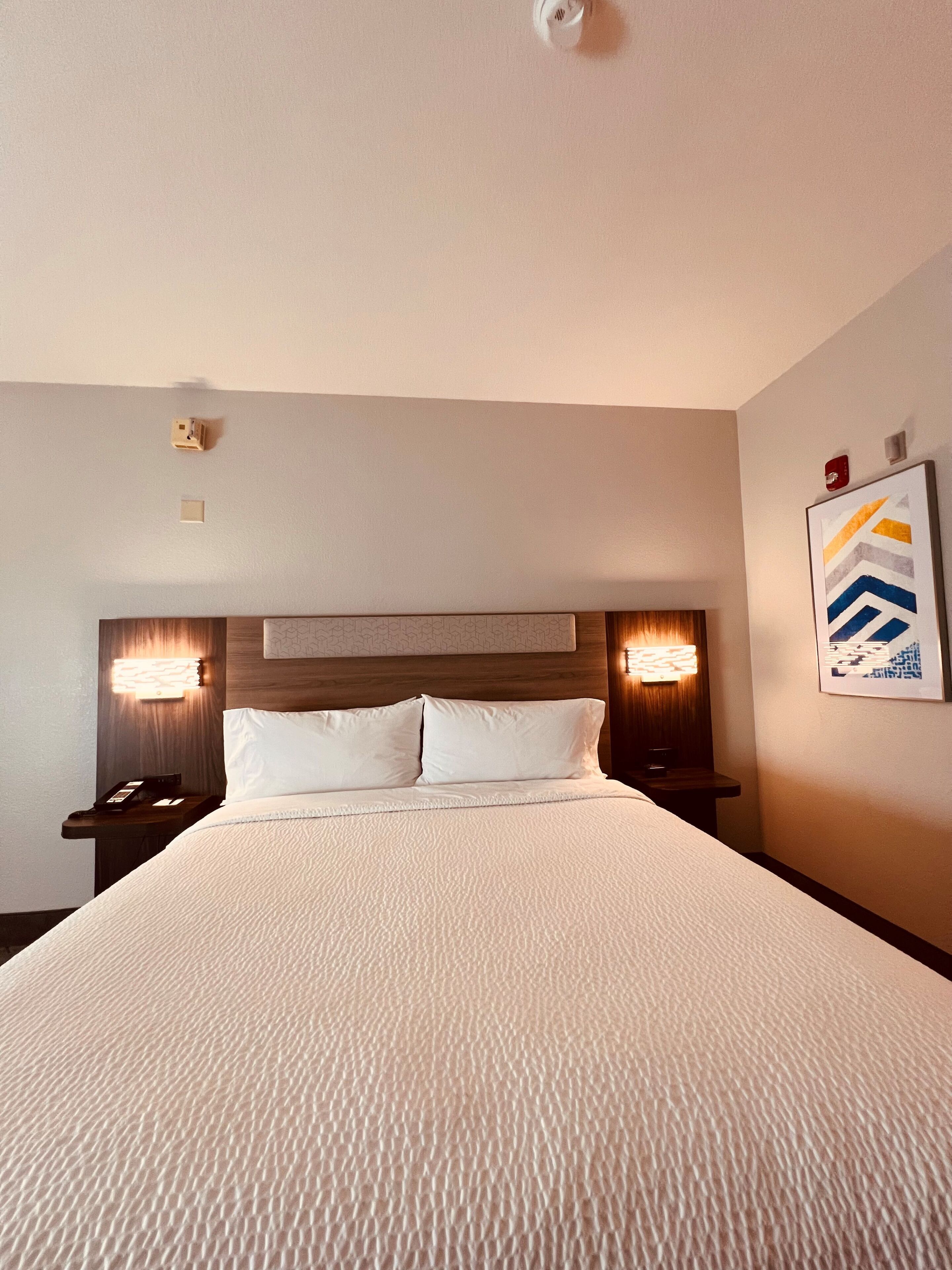 A hotel room with a large bed, two bedside tables, a headboard, and a wall-mounted artwork.