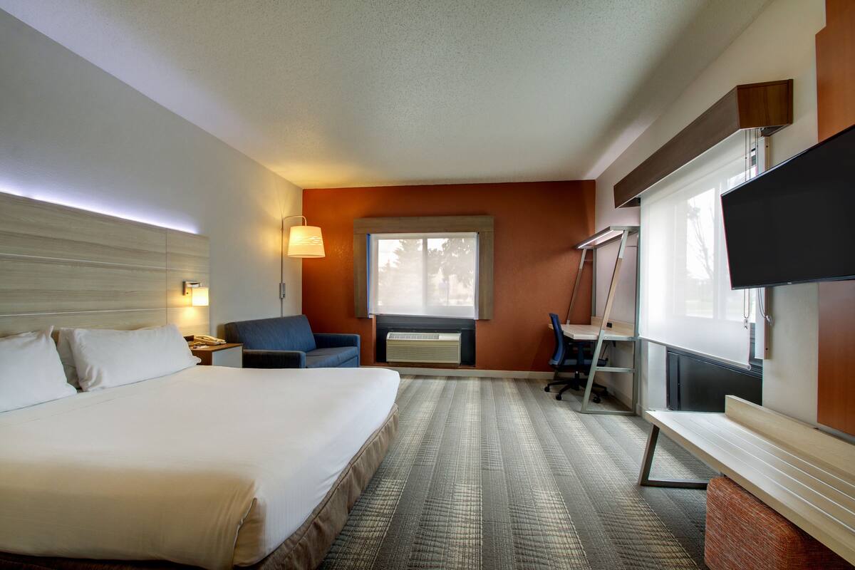 A hotel room with a large bed, a desk, a chair, a TV, and a window.