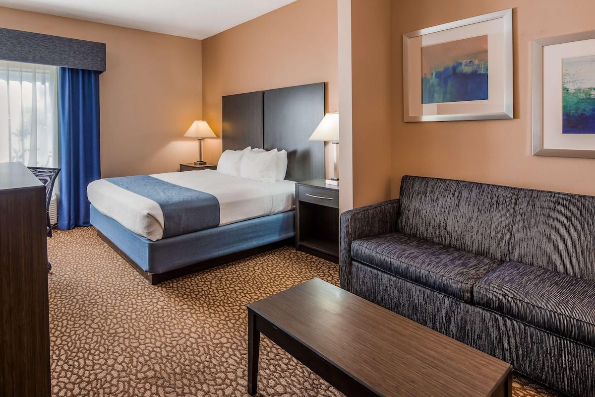 Una habitación de hotel con una cama, dos mesitas de noche, un escritorio, un sofá y un televisor.