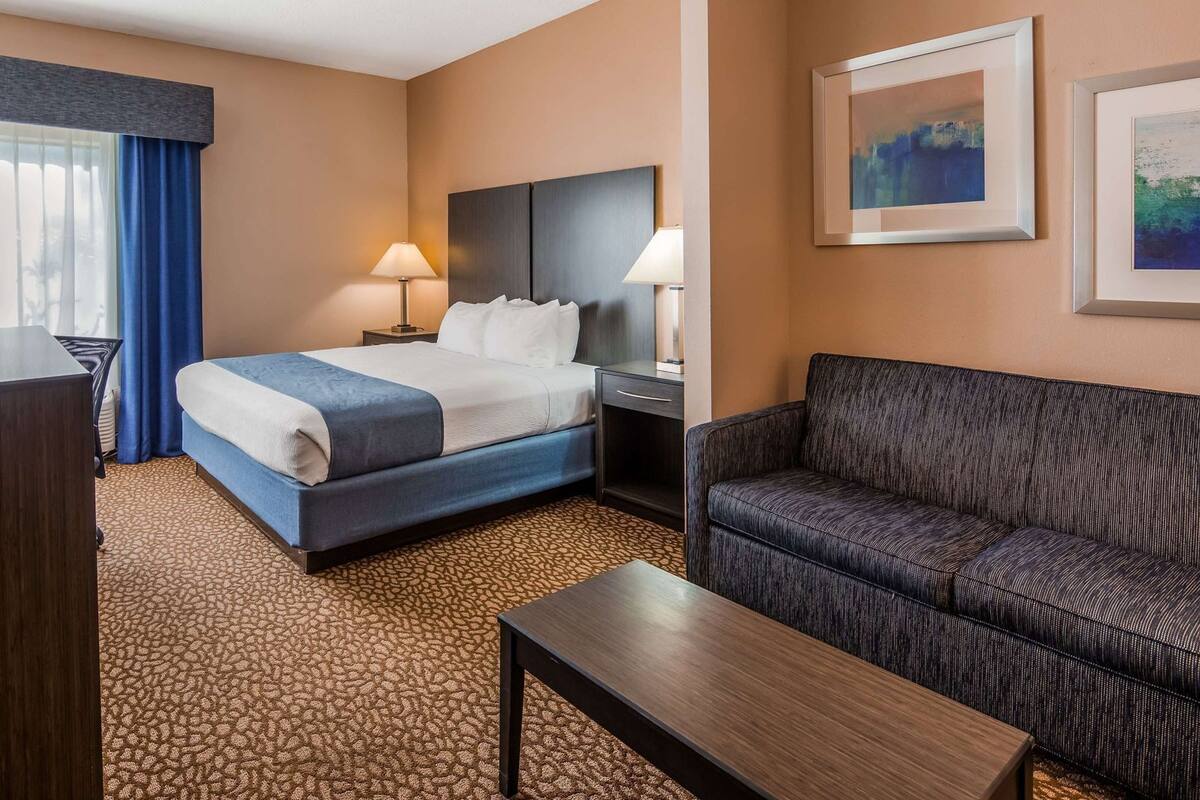 Una habitación de hotel con una cama, dos mesitas de noche, un escritorio, un sofá y un televisor.