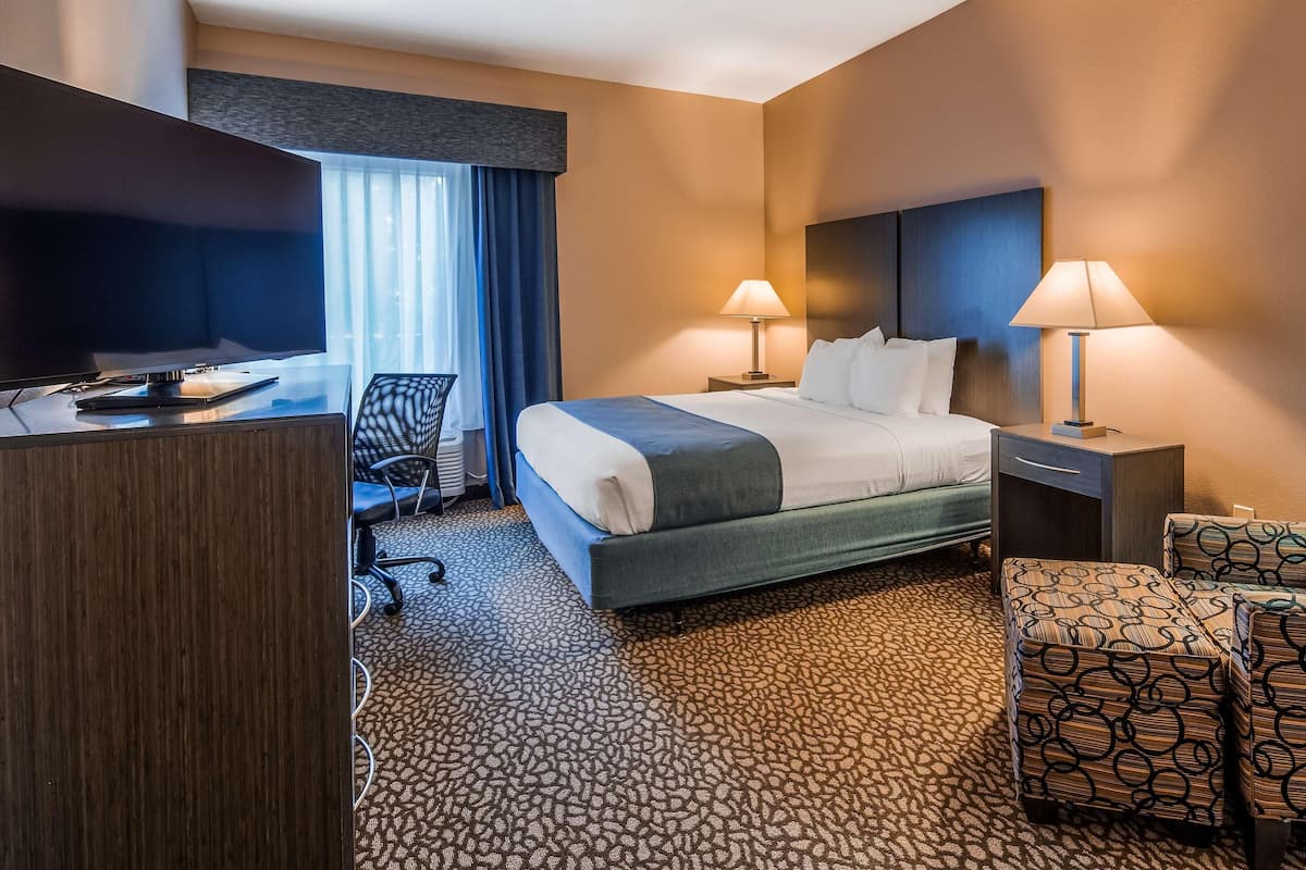 Una habitación de hotel con una cama, dos lámparas de noche, un escritorio con televisor, una silla y un reposapiés estampado.