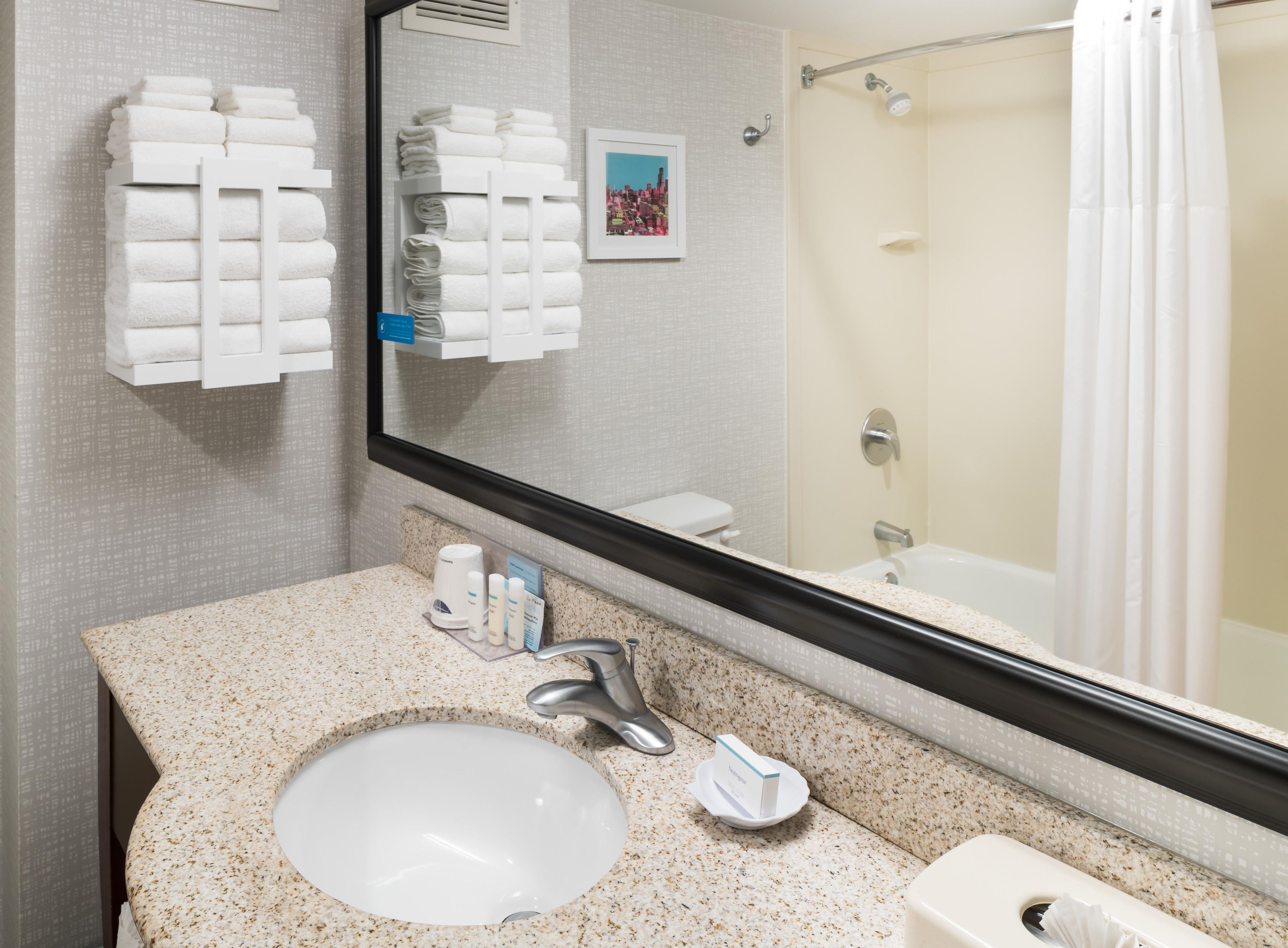 A hotel bathroom with a sink, mirror, towel rack, and shower.