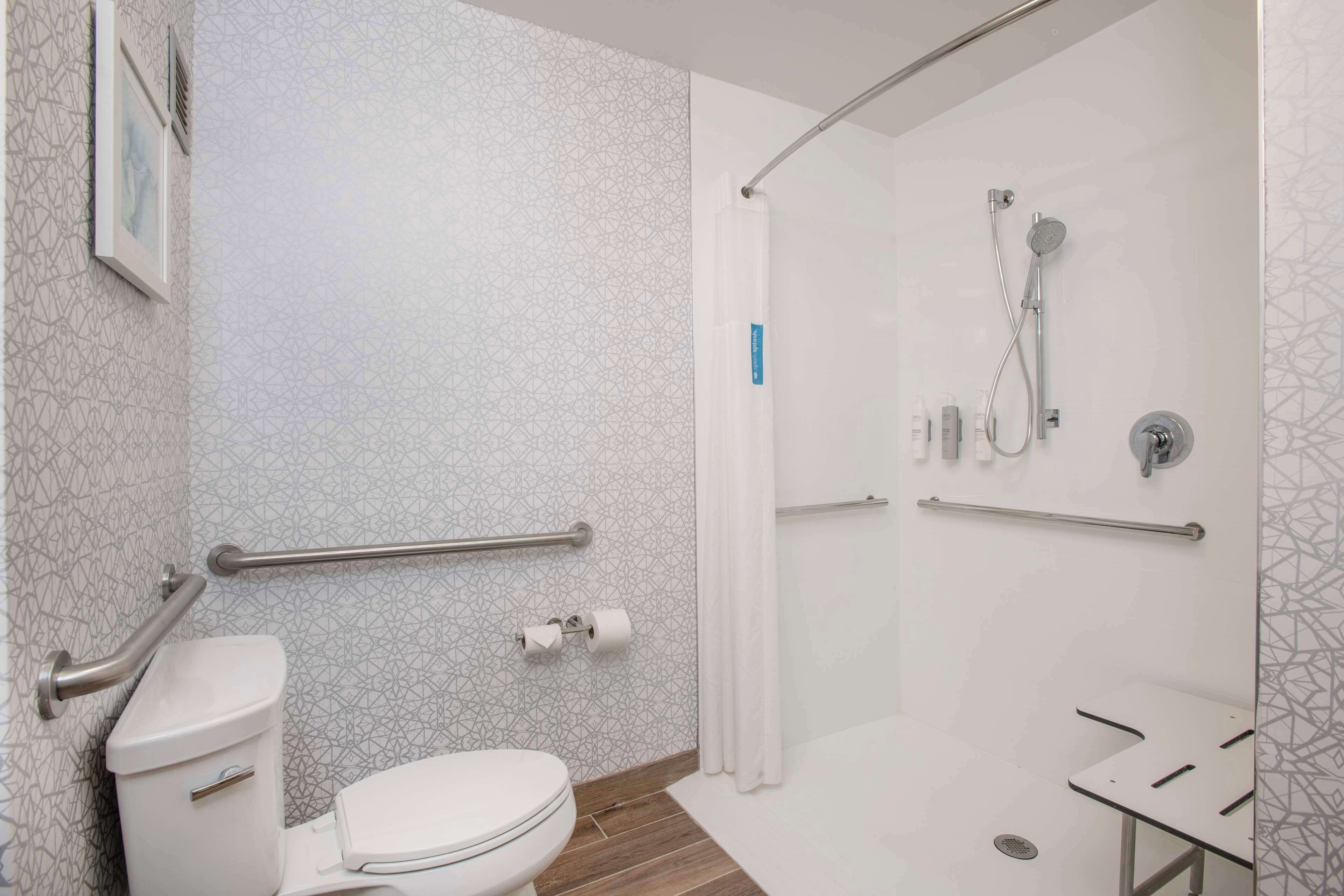 A modern bathroom with a shower, toilet, and handrails.