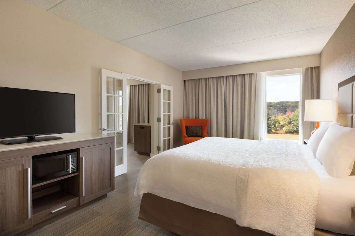 A hotel room with a bed, a television, a desk with a microwave, and a view of the outdoors.