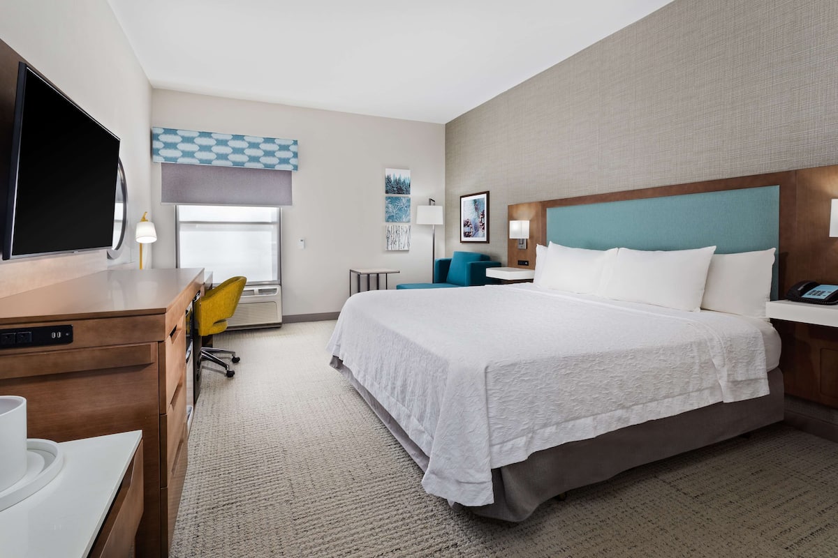 A hotel room with a large bed, a desk with a computer, a TV, and a window with a view.