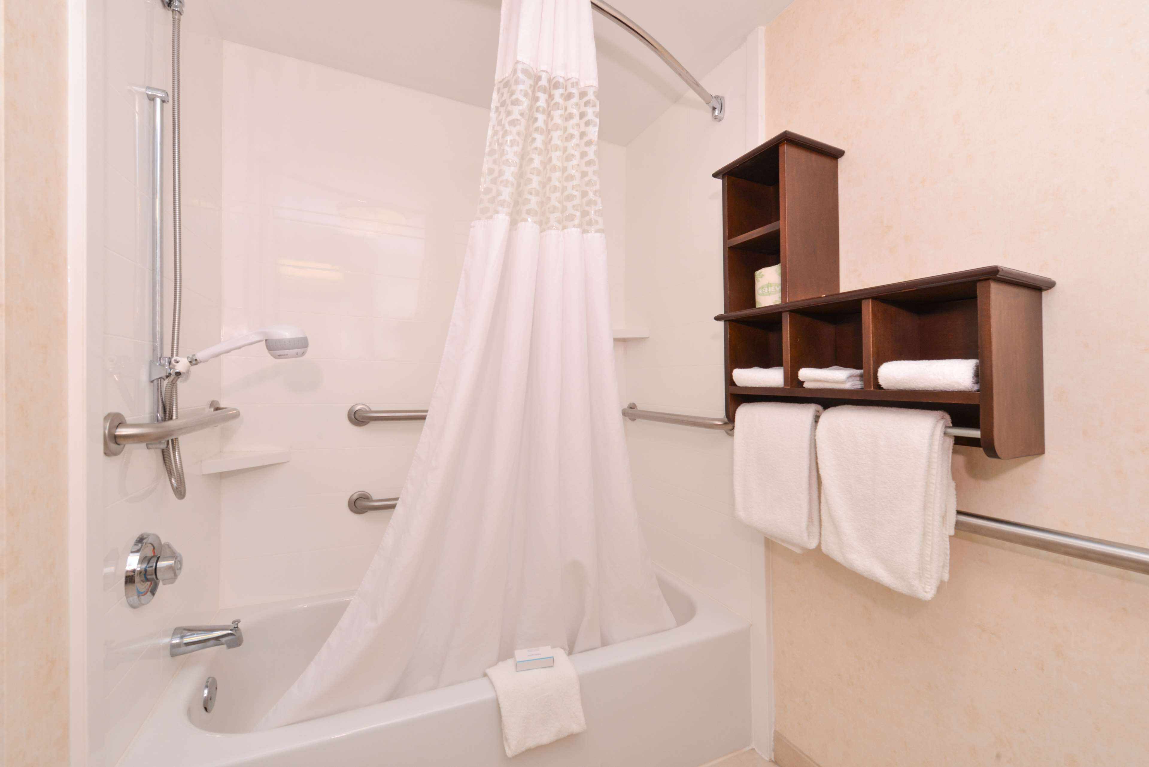 combined shower/bathtub, free toiletries, hair dryer, towels