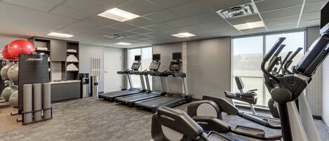 A gym with treadmills, elliptical machines, and exercise balls.