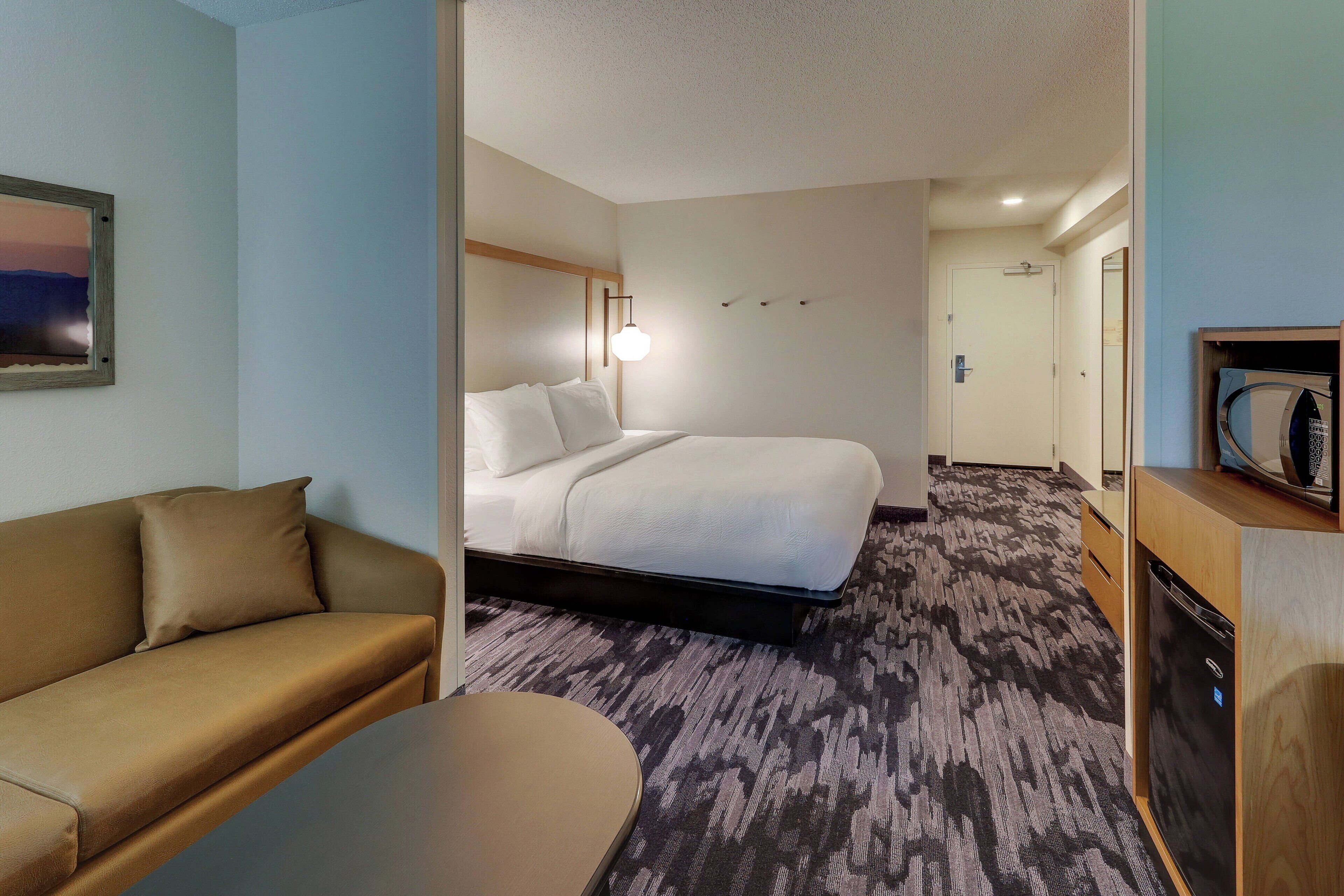 Una habitación de hotel con cama, sofá, escritorio y microondas.
