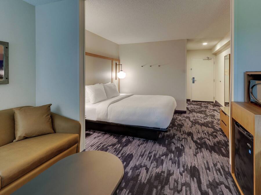 Een hotelkamer met een bed, een slaapbank, een bureau en een magnetron.